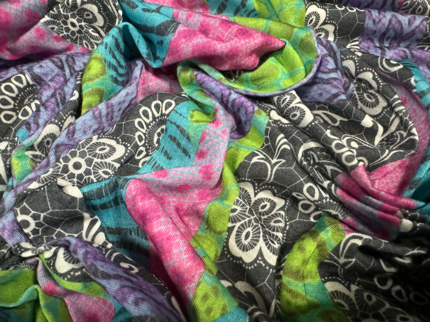 Soft handle single jersey fabric, per metre - lace & animal print fusion - pink green & blue