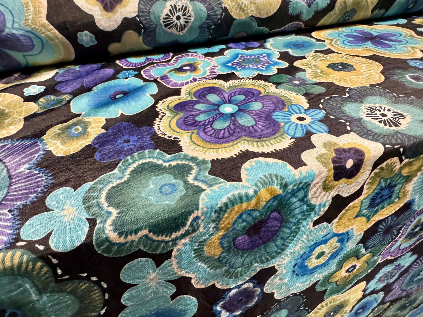 Taffeta faux silk fabric - retro flower print - turquoise purple & black