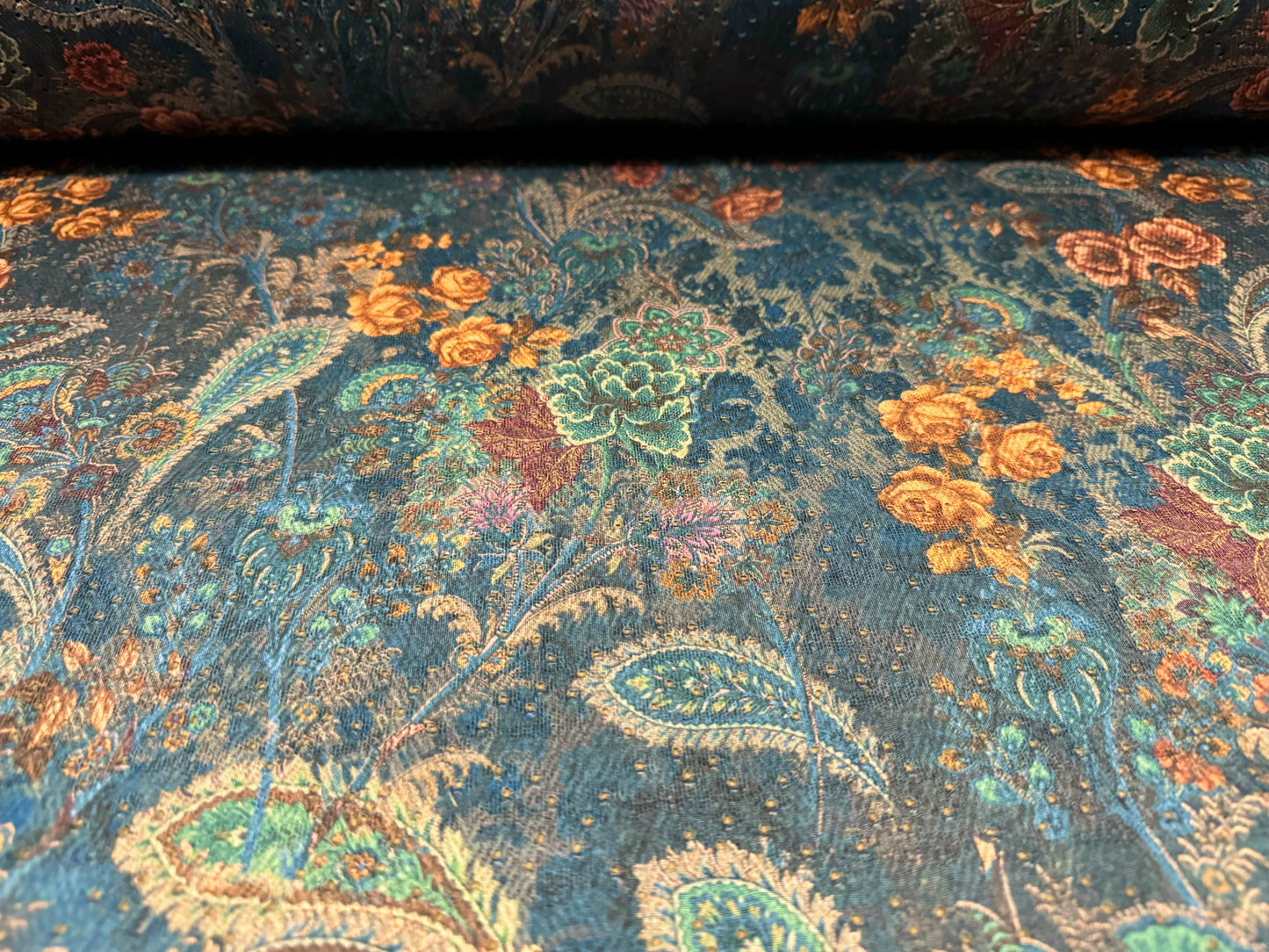 Broderie anglaise stretch spandex jersey fabric, per metre - paisley rose print - denim blue & amber