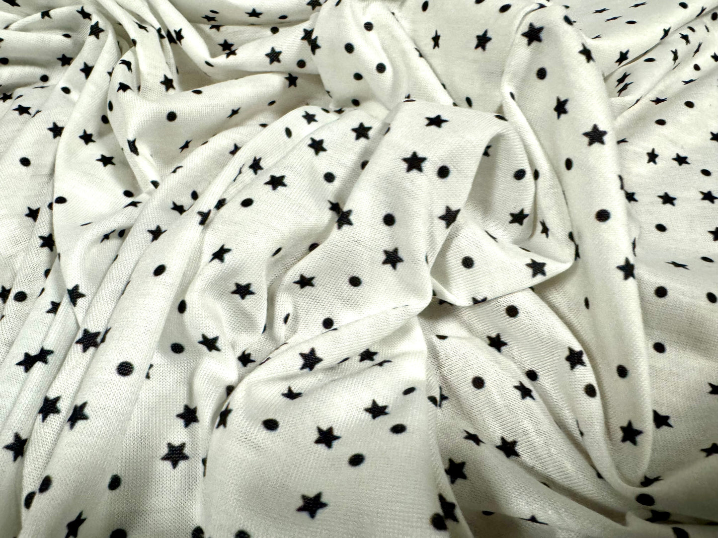 Soft handle stretch single jersey fabric, per metre - spots & stars print - white & black