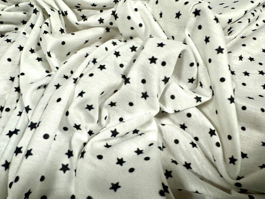 Soft handle stretch single jersey fabric, per metre - spots & stars print - white & black