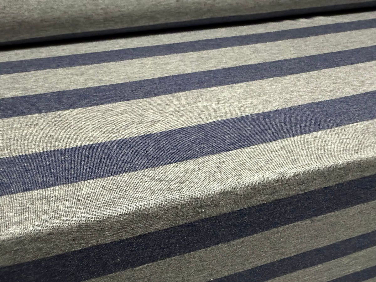 Viscose blend single jersey fabric, per metre - stripe - grey marl & denim blue