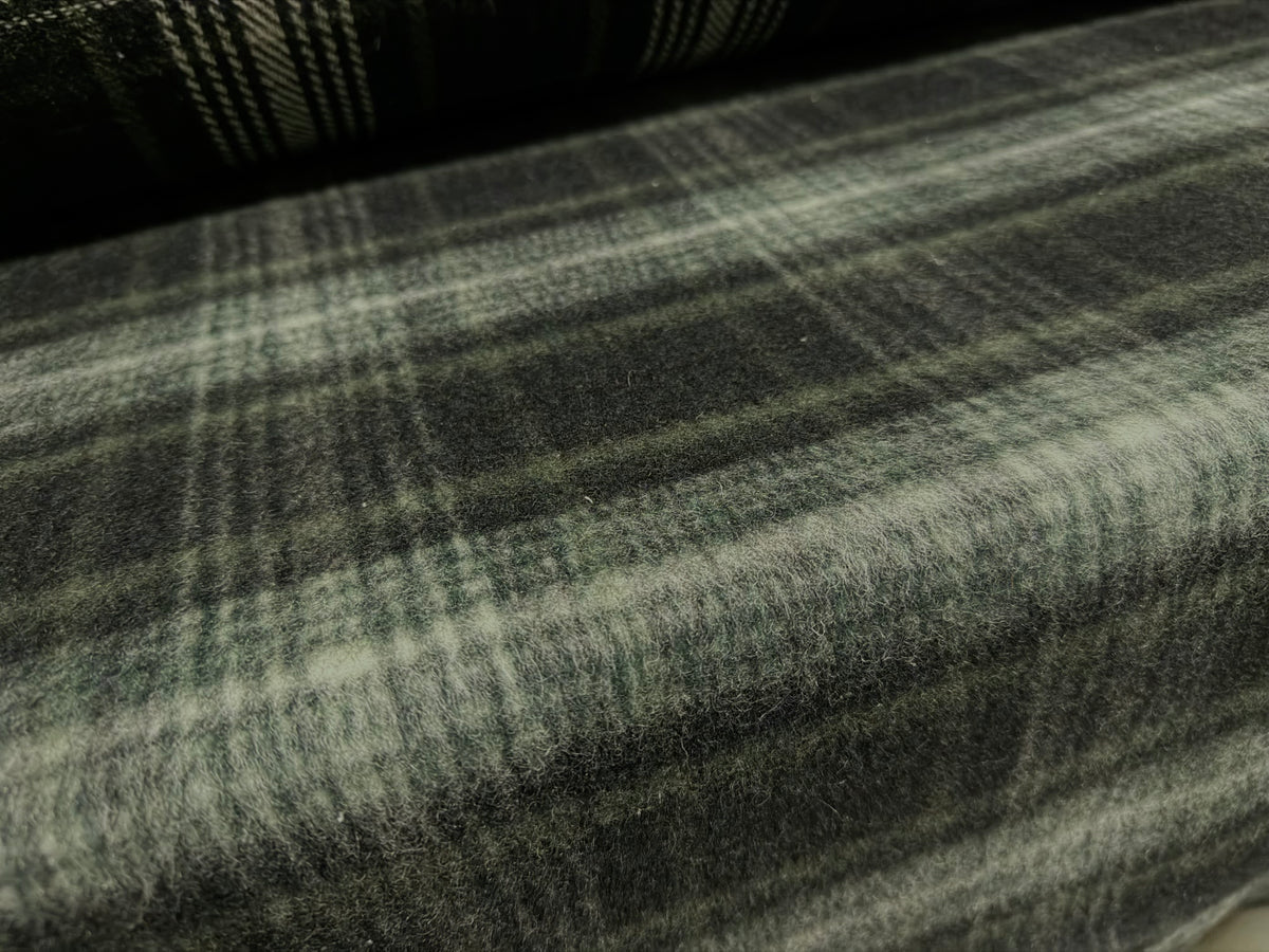 Heavyweight wool flannel fabric, per metre - tartan check - bottle green