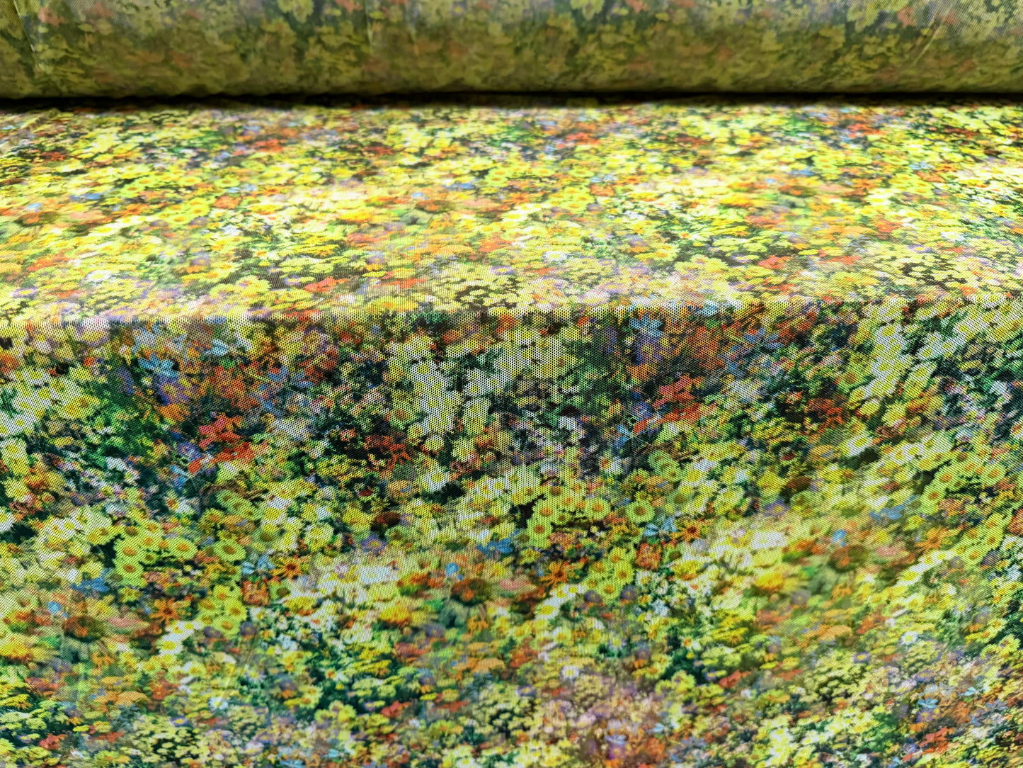 Power mesh net stretch spandex fabric, per metre - Spring Flower Garden print