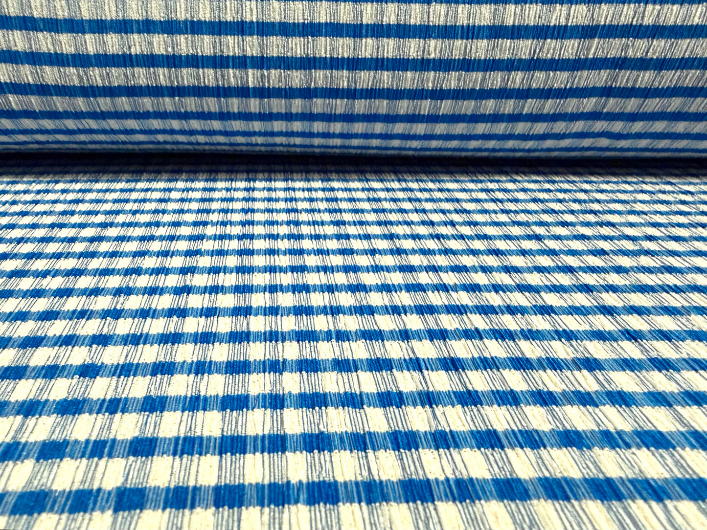 Stretch seersucker woven fashion fabric, per metre - gingham - blue & white