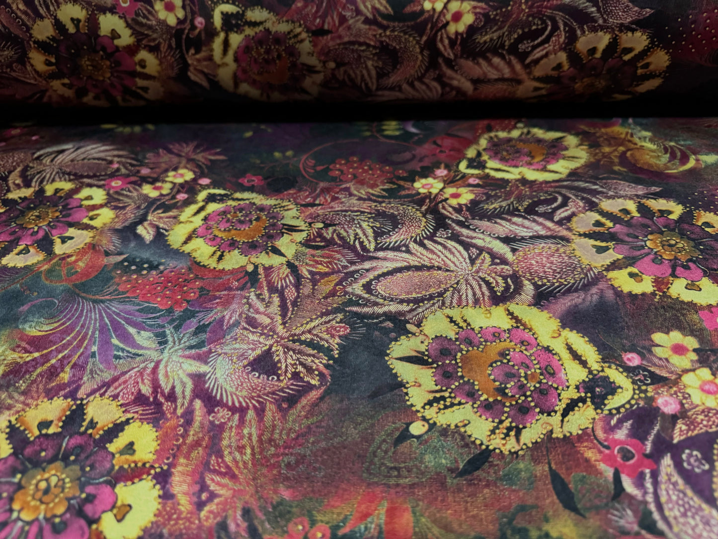 Soft touch stretch spandex single jersey fabric, per metre - stylised flowers - deep purple