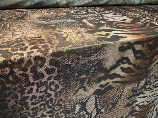 Power mesh net stretch spandex fabric, per metre - tiger animal print - taupe