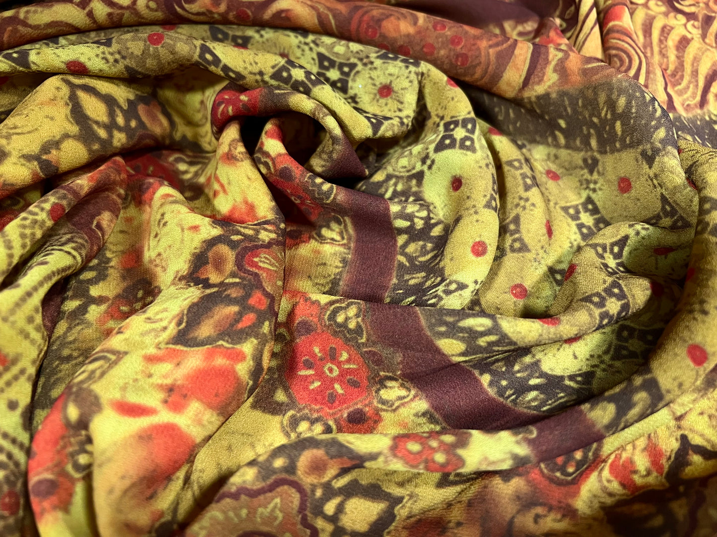 Georgette woven dress blouse fabric, per metre - Keralan floral stripe print - chartreuse & rust