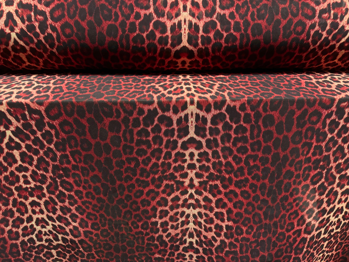 Power mesh crepe stretch spandex fabric, per metre - leopard animal print - berry red