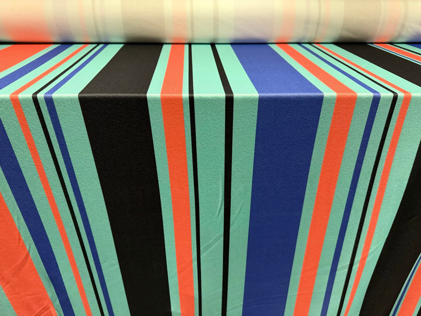 Valentino crepe stretch spandex jersey fabric, per metre - Roman stripe print - duck egg violet & coral
