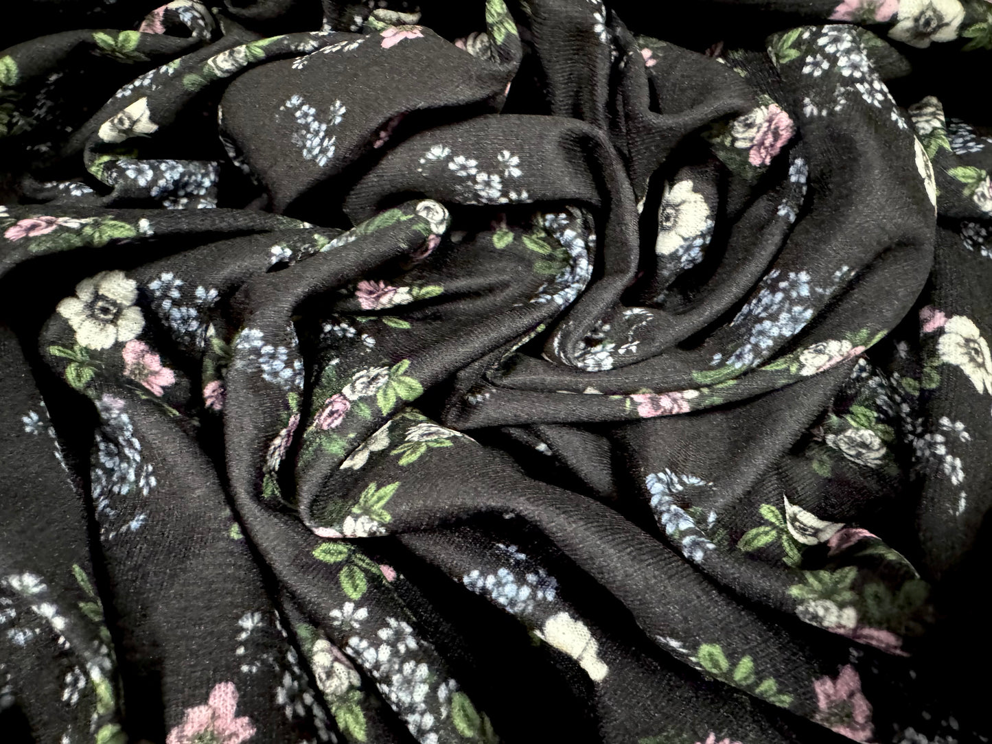 Textured stretch spandex jersey fabric, per metre - floral flourish print - black & lilac