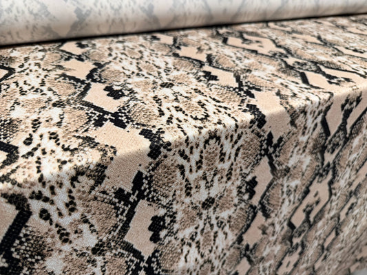 Valentino crepe stretch spandex jersey fabric, per metre - snakeskin animal print - beige & black