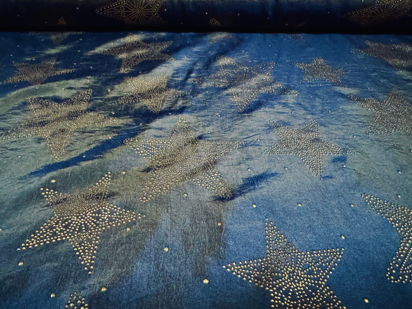 Taffeta faux silk fabric - metallic stars print - navy blue & gold