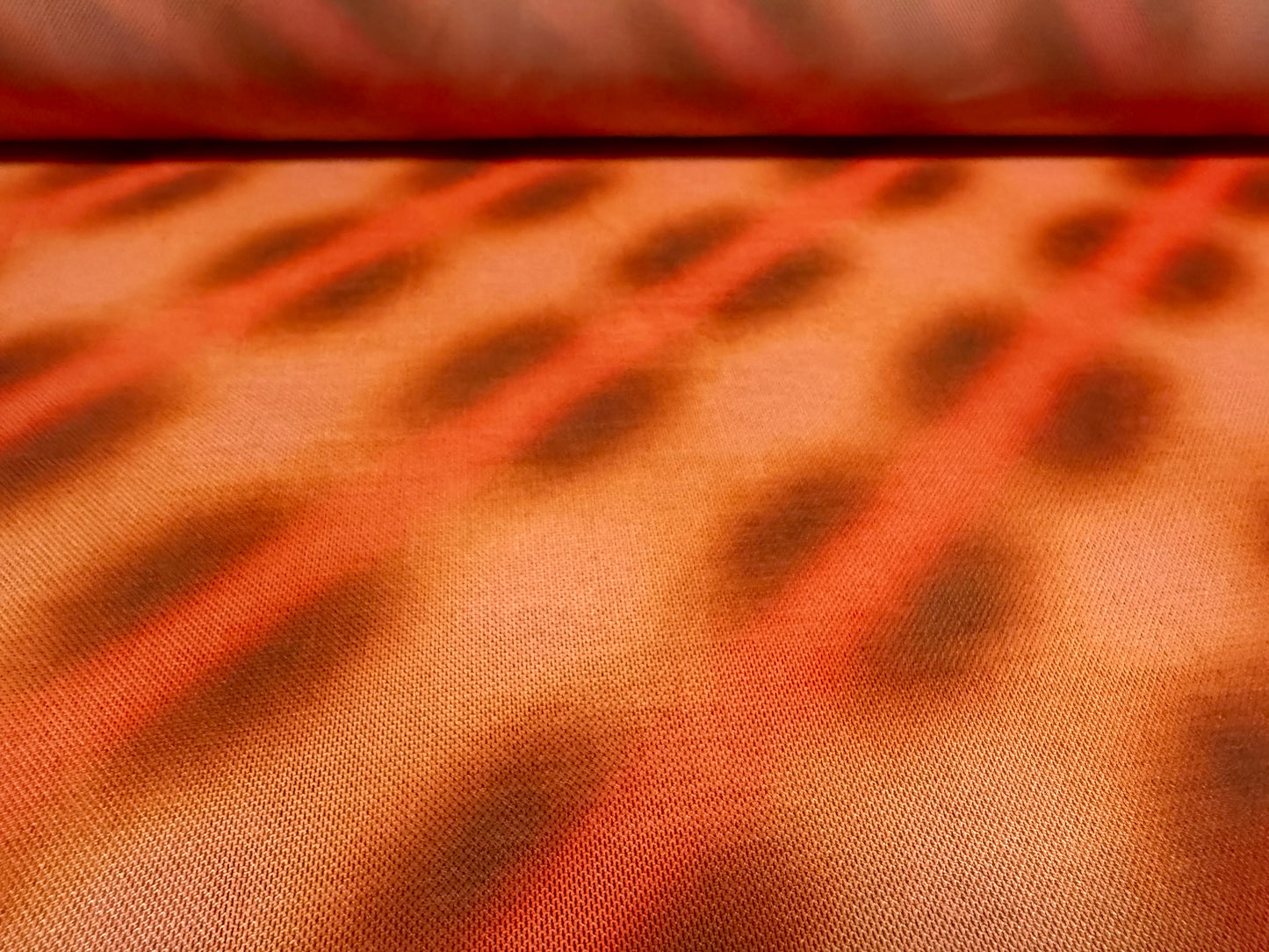 Power mesh net stretch spandex fabric, per metre - airbrushed abstract print - orange & peach