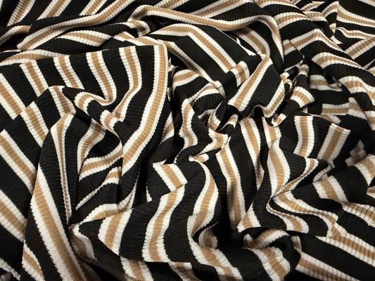 Stretch spandex rib jersey fabric, per metre - stripe - black & light brown