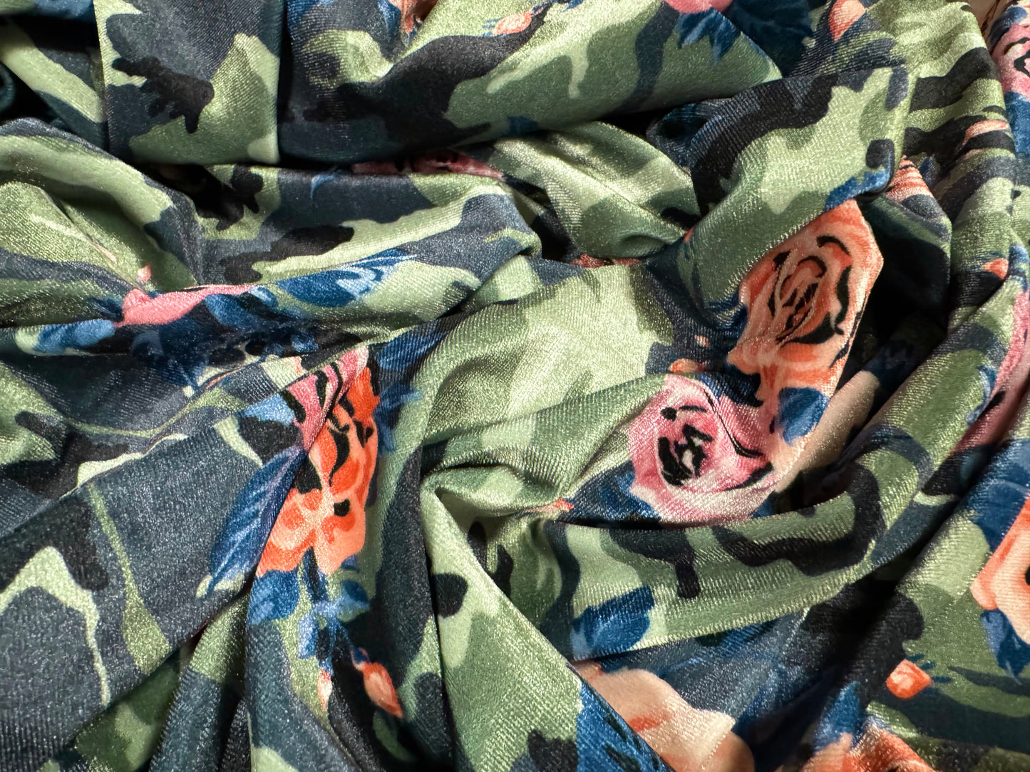 Spandex velvet stretch dress fabric, per mere - roses on camouflage print - green blue & pink