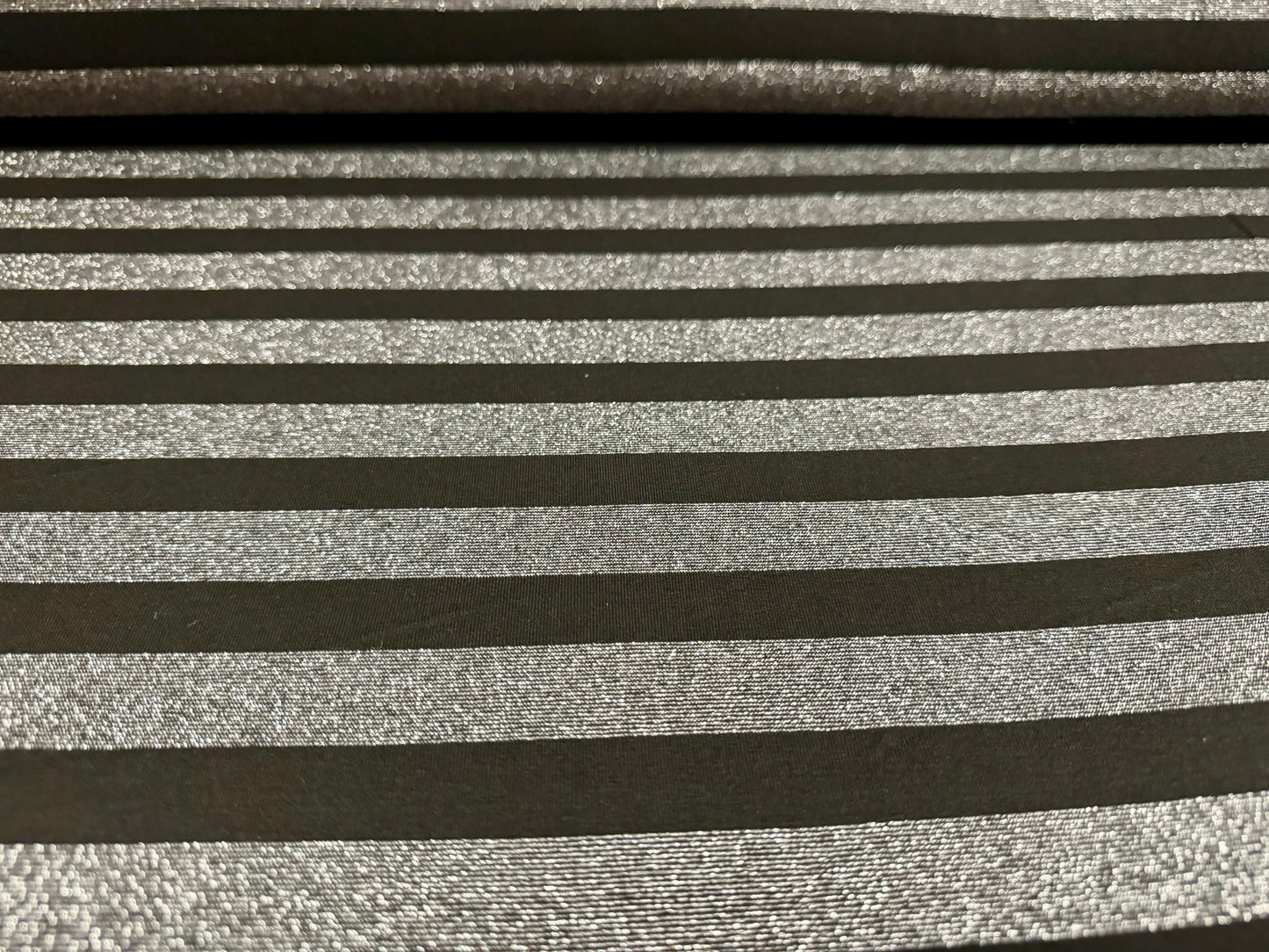 Metallic stretch single jersey fashion fabric, per metre - lurex stripe - black & silver