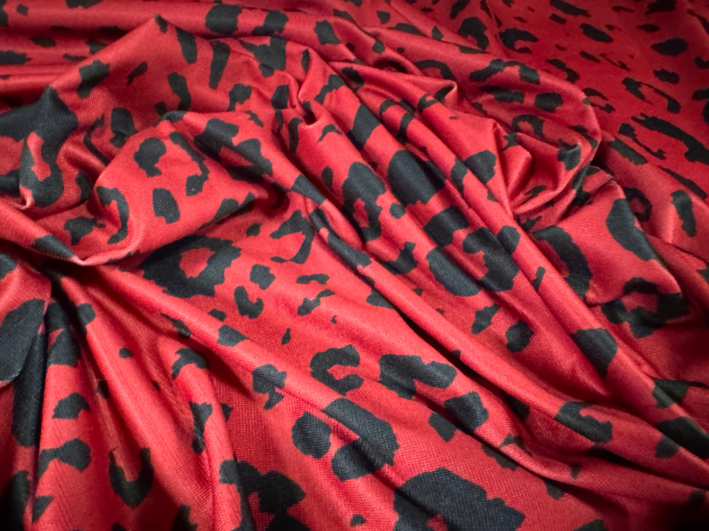 Soft touch stretch spandex single jersey fabric, per metre - cheetah print - dark red