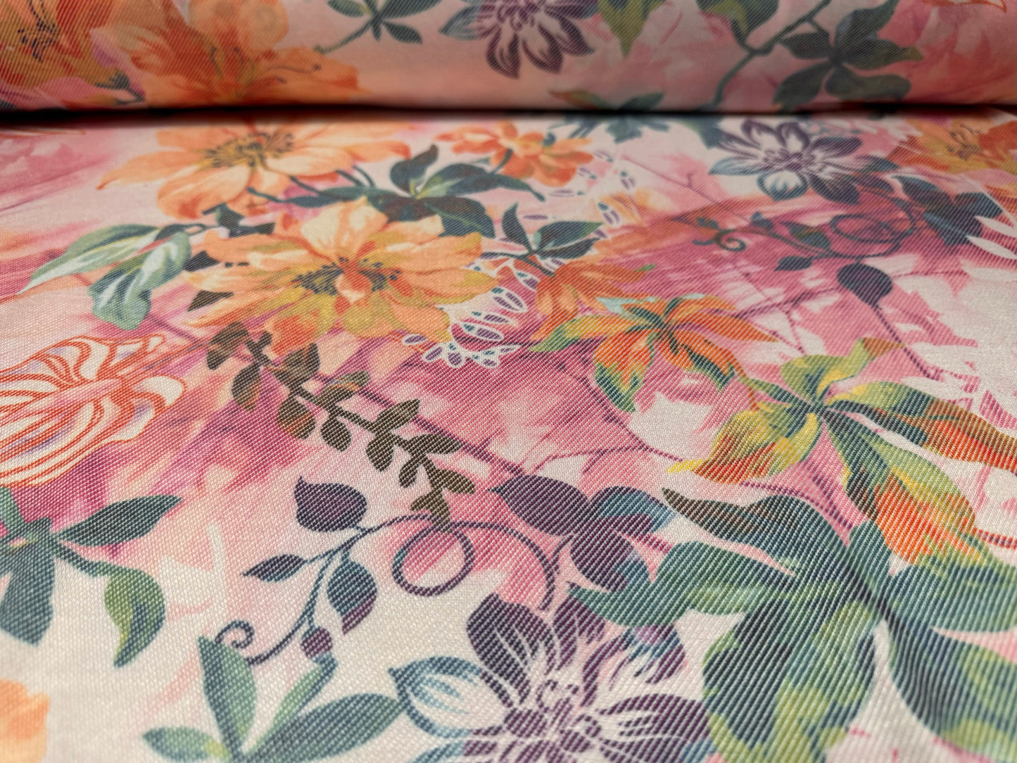 Soft stretch jersey twill fabric, per metre - stylised flower print - pink & peach