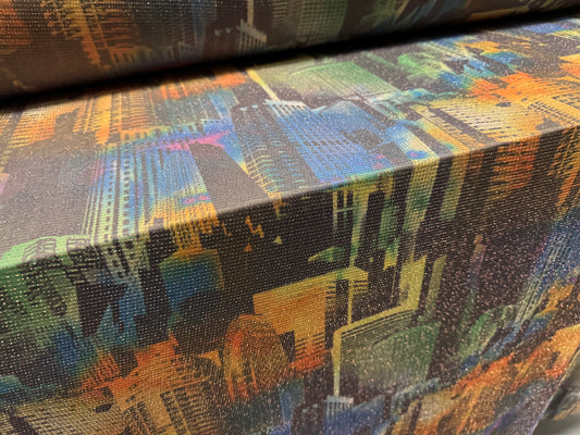 Metallic slinky spandex stretch jersey fabric with gold lurex, per metre - city skyscraper print - multicolour