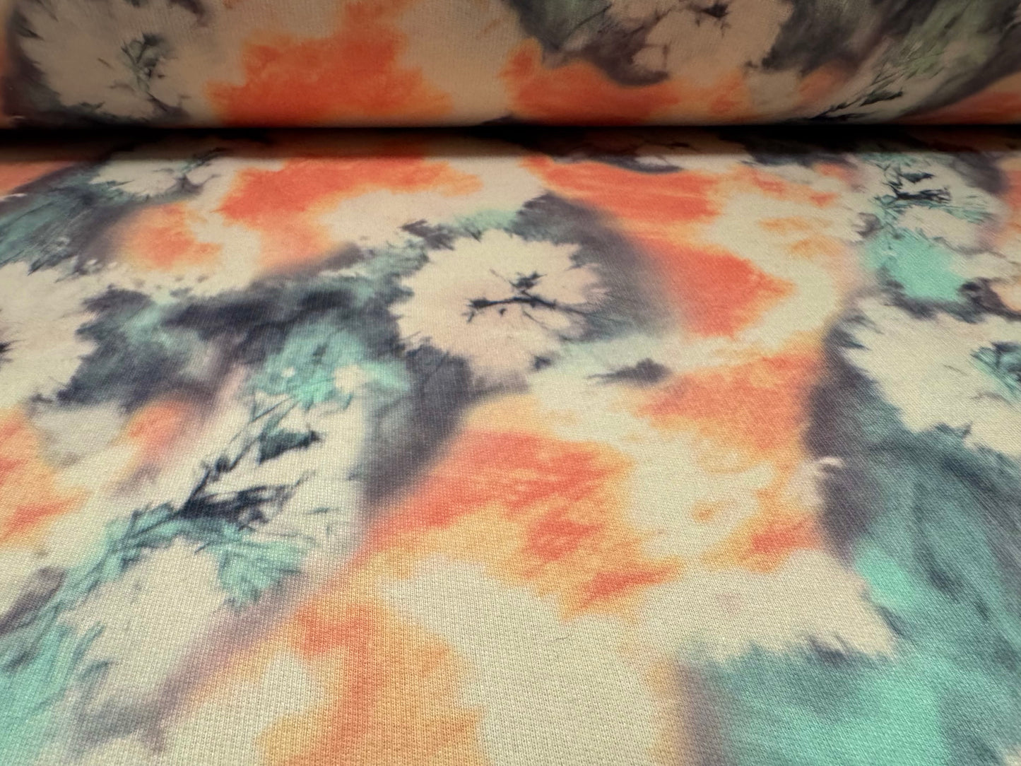French Terry loopback sweatshirt jersey fabric, per metre - watercolour floral print - peach & aqua