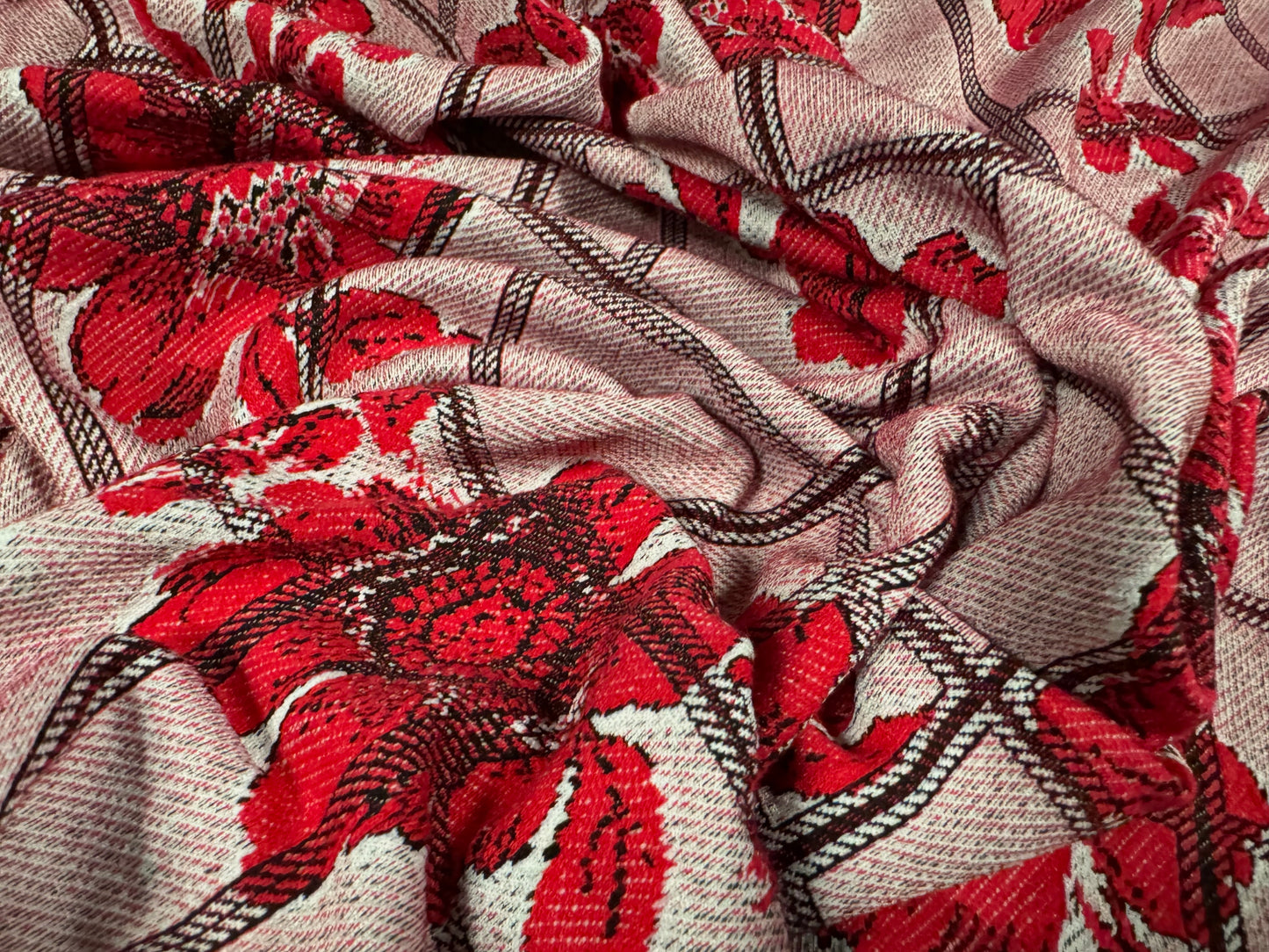 Double jersey stretch spandex dress fabric, per metre - floral matrix jacquard - Red & pink