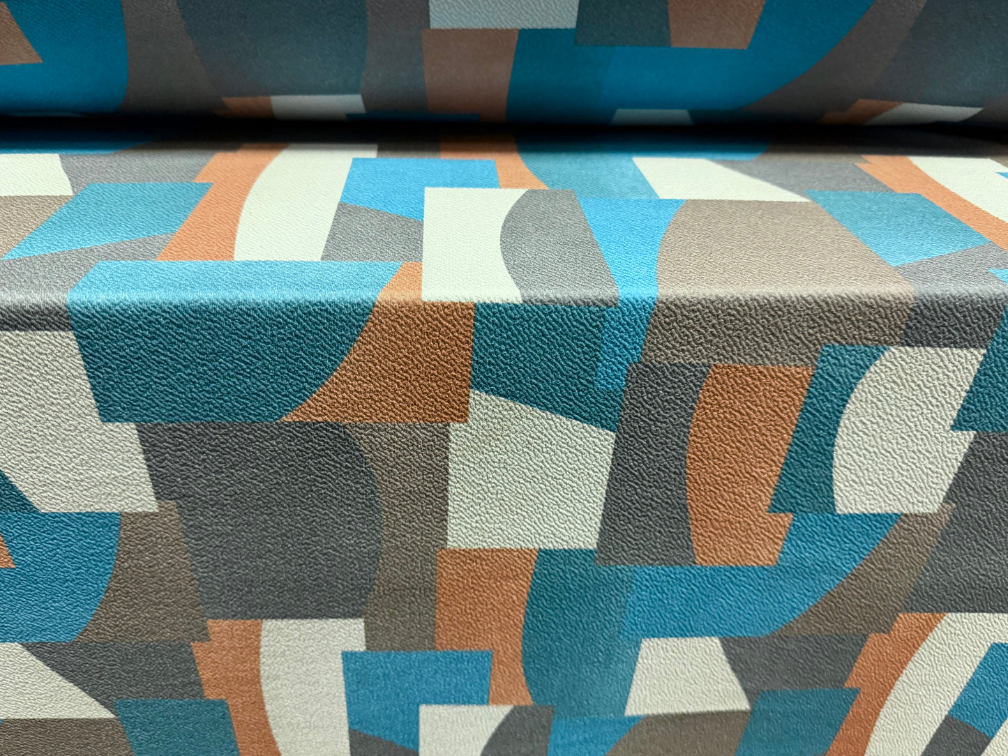‘Liverpool’ textured scuba stretch spandex jersey fabric, per metre - colour block print - aqua teal & terracotta