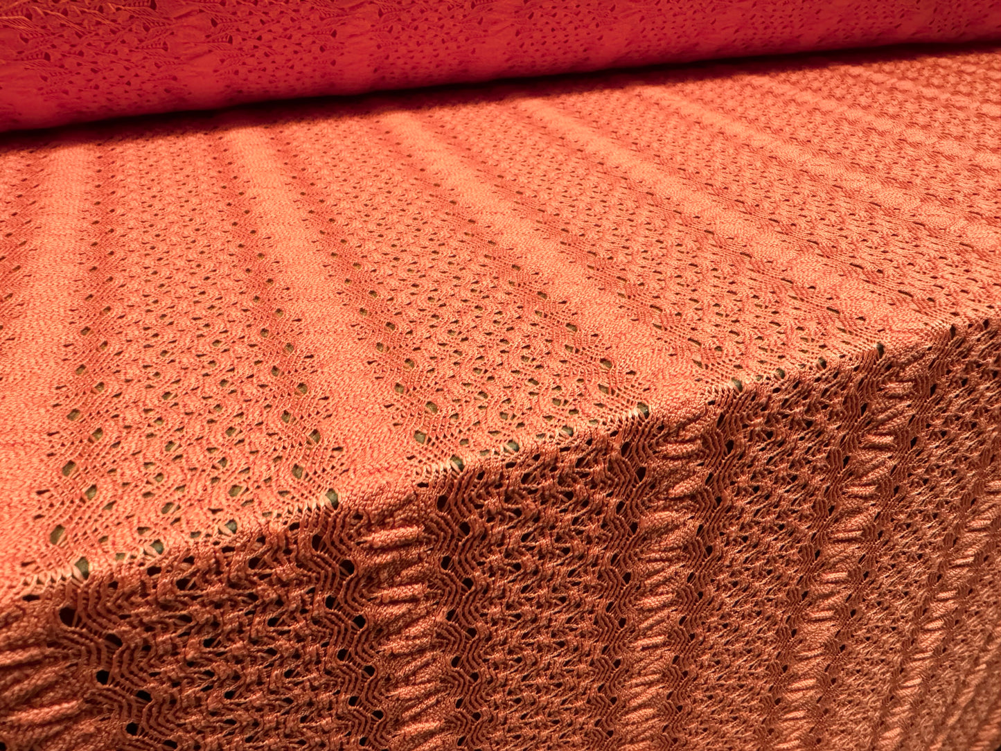 Crochet lace dress fabric, per metre - squiggle stripe - coral rose