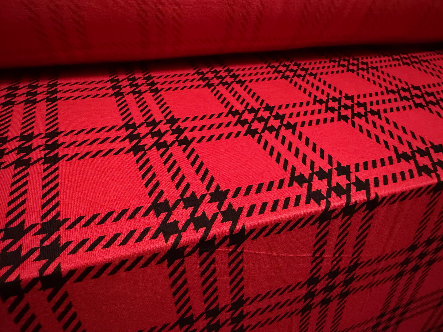 Viscose spandex stretch single jersey fabric, per metre - tartan matrix print - red & black