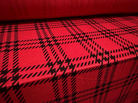 Viscose spandex stretch single jersey fabric, per metre - tartan matrix print - red & black