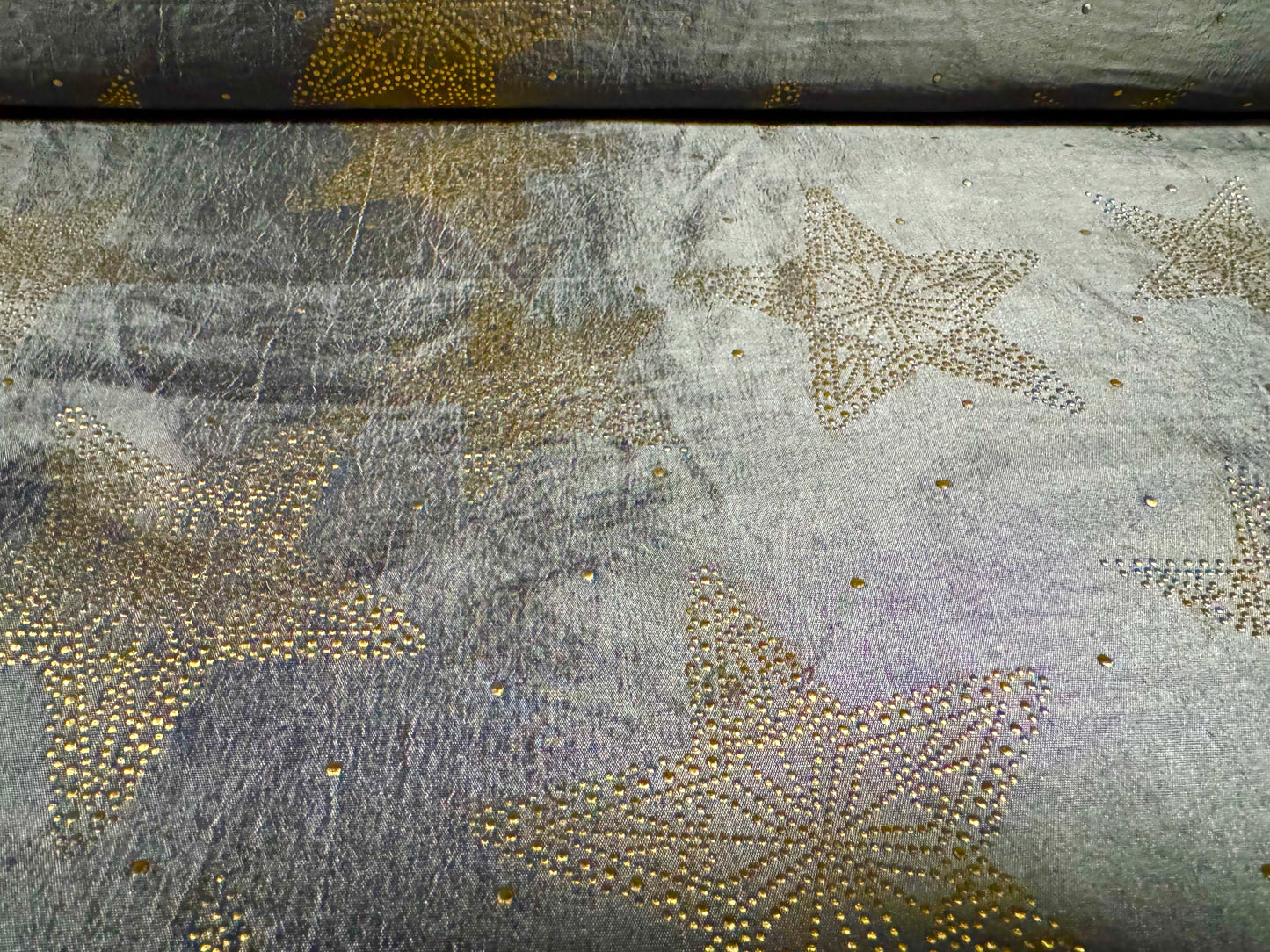 Taffeta faux silk fabric - metallic stars print - grey & gold