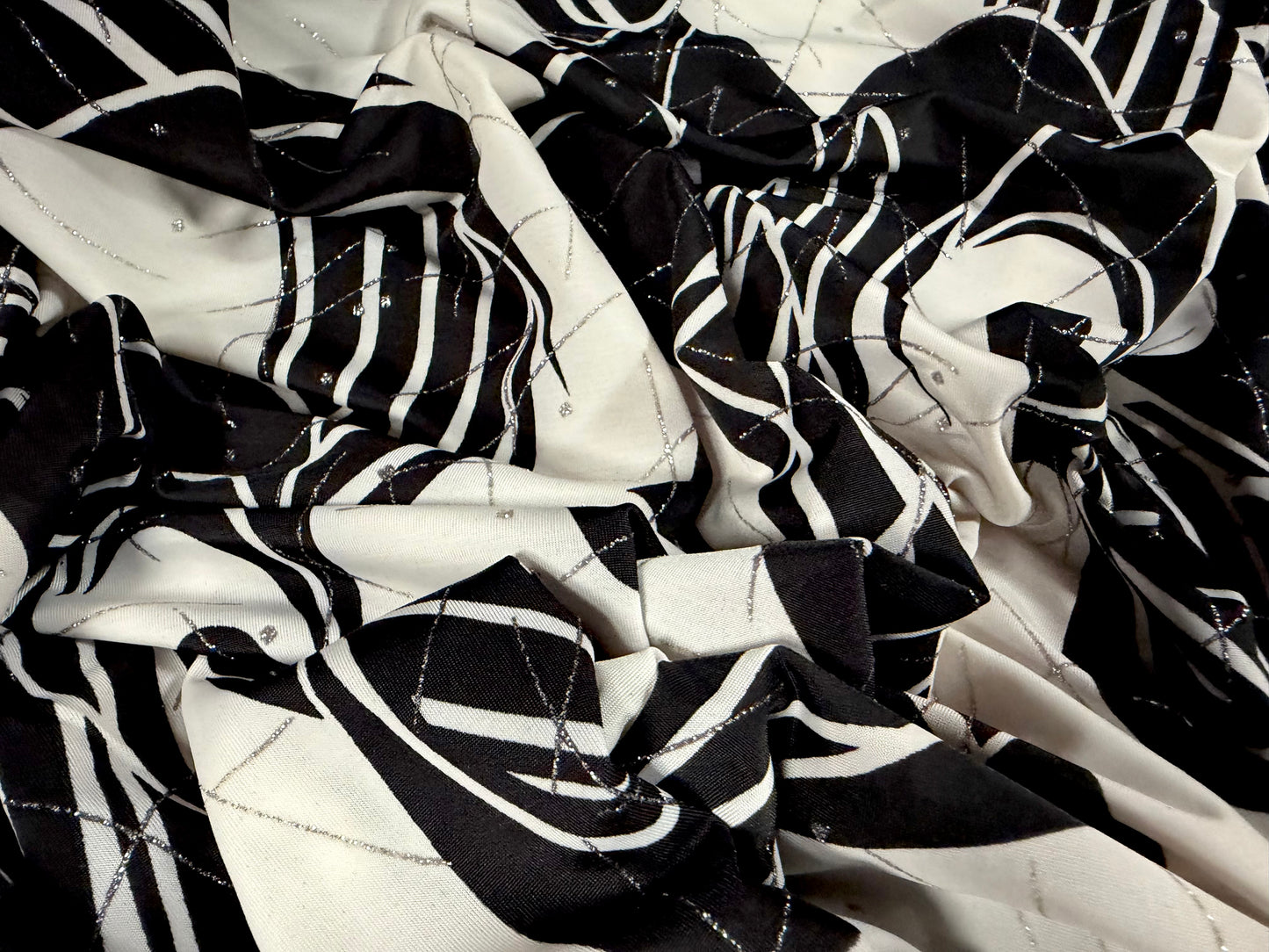 Metallic stretch single jersey fabric, per metre - Boho print - black ivory & silver