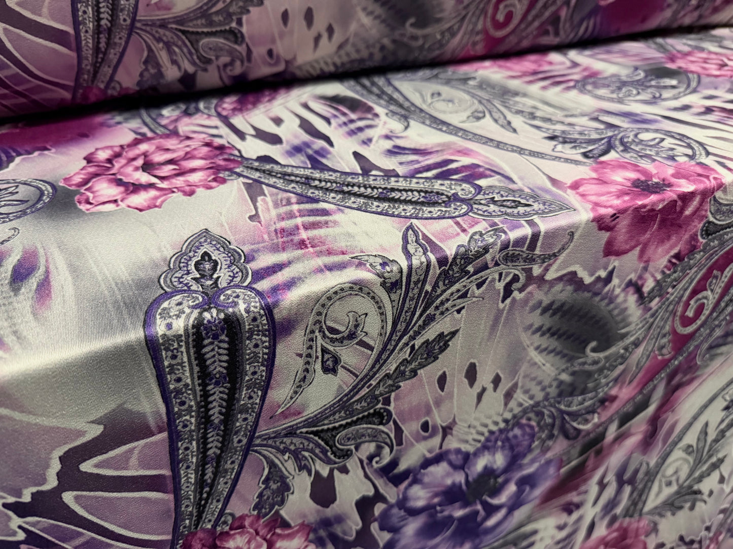 Stretch spandex crepe jersey fabric, per metre - paisley floral print - purple grey & magenta