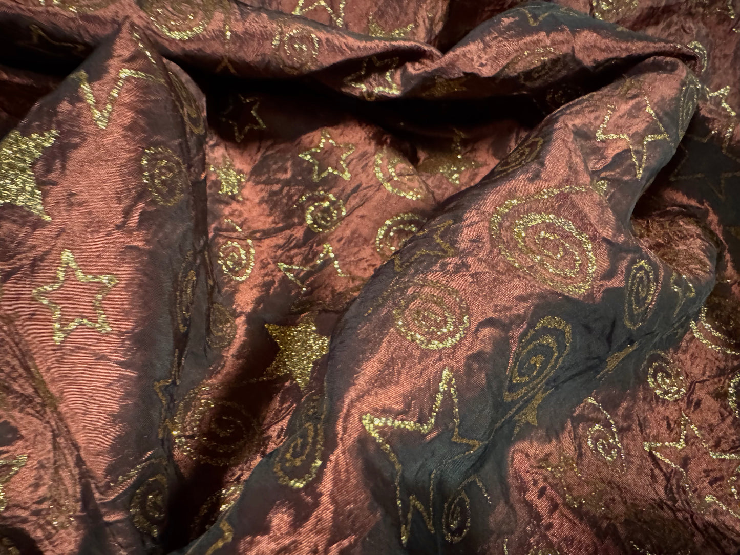 Taffeta faux silk fabric - metallic stars print - rust with gold glitter