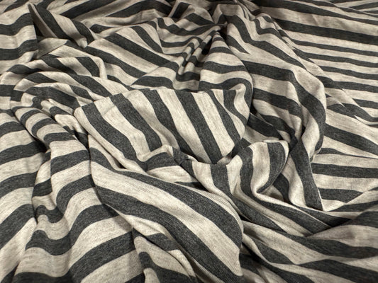 Viscose spandex stretch single jersey fabric, per metre - stripe - mid grey & oatmeal