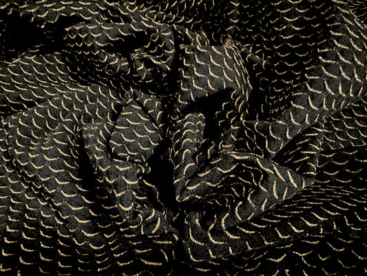 Metallic stretch double jersey fashion fabric, per metre - dragon scales jacquard - black with gold lurex