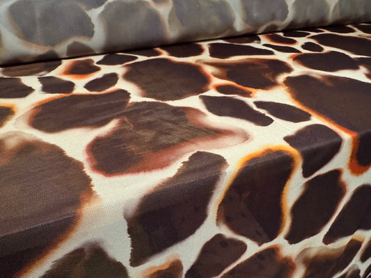 Power mesh net stretch spandex fabric, per metre - giraffe print - brown & cream