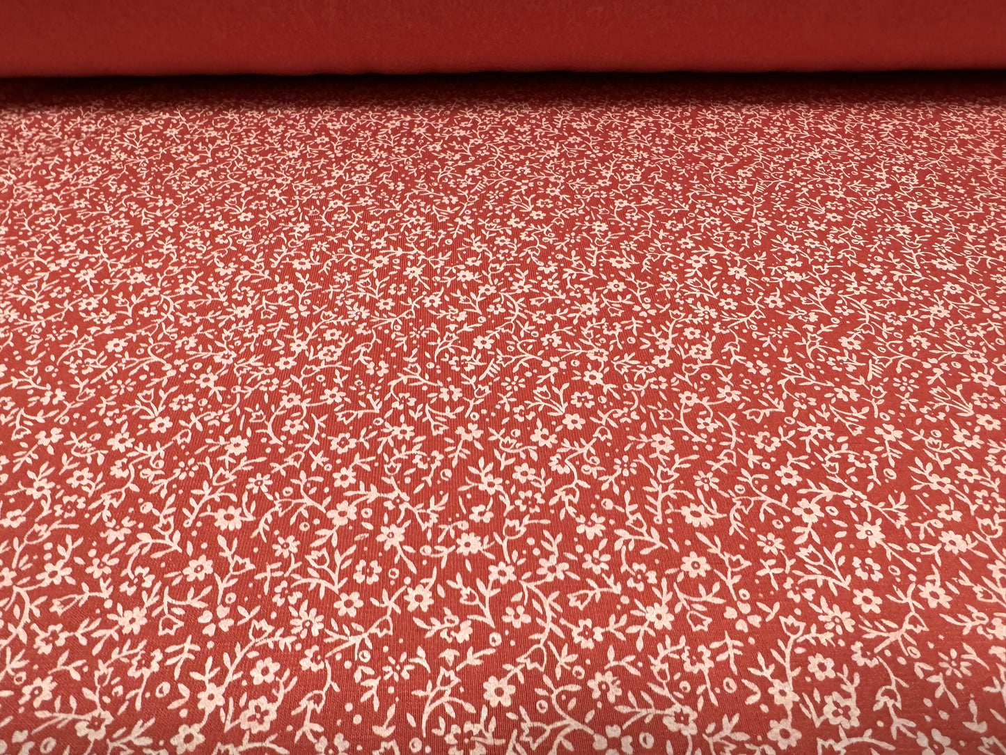 Viscose spandex stretch single jersey fabric, per metre - small flower ditsy print - coral & white