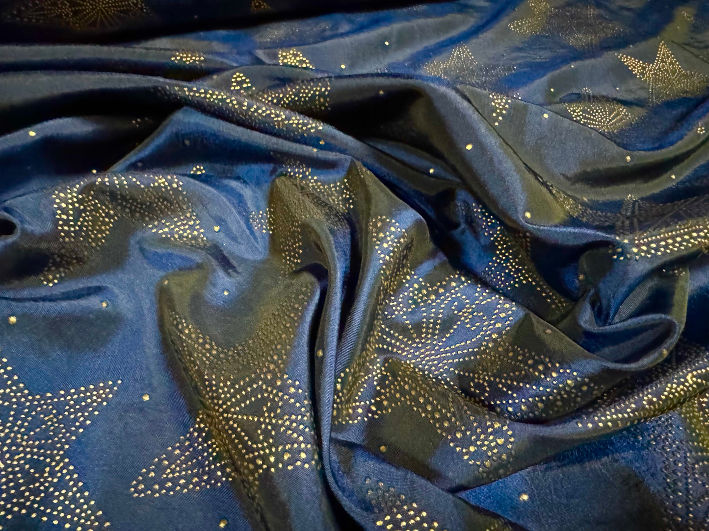 Taffeta faux silk fabric - metallic stars print - navy blue & gold