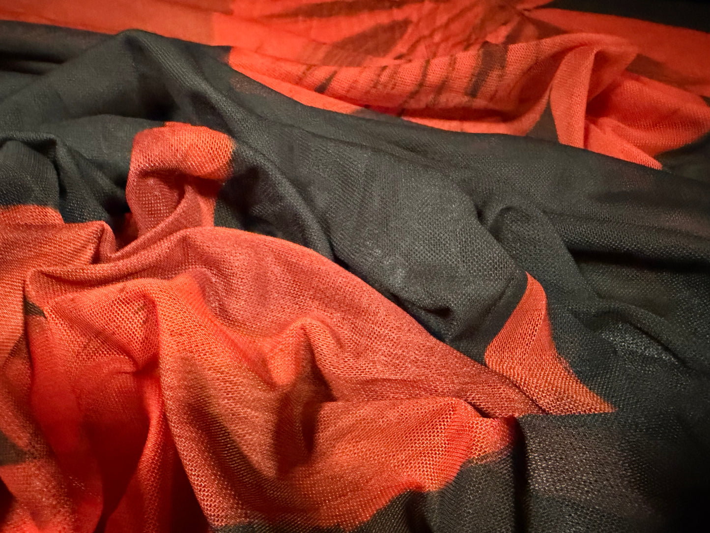 Power mesh net stretch spandex fabric, per metre - giant lily print - black & red