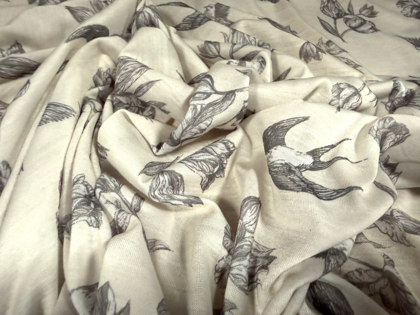 Soft handle single jersey fabric, per metre - swallows and flowers print - cream & grey