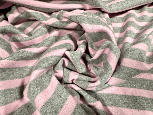 Metallic French Terry loopback sweatshirt fabric, per metre - stripe - pink & grey with silver lurex