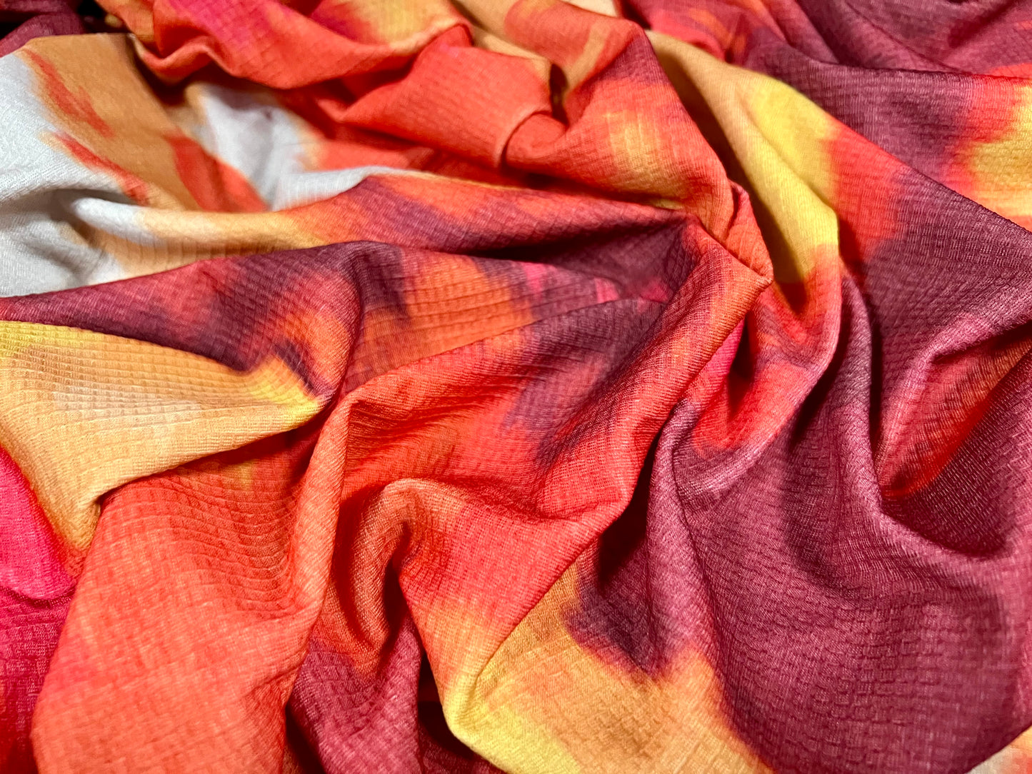 Stretch textured single jersey fabric, per metre - magma sunset print - pink purple & gold