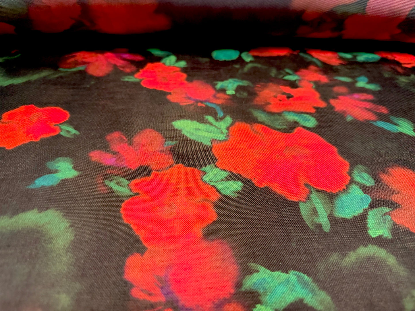Power mesh net stretch spandex fabric, per metre - wild rose print - bright scarlet & black