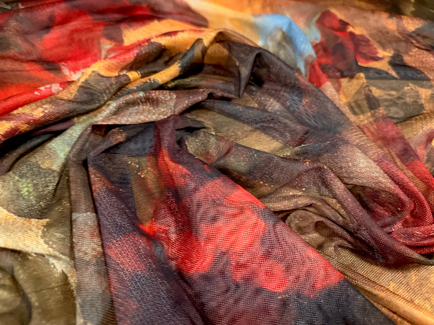 Power mesh net stretch spandex fabric, per metre - Impressionist floral print - red gold & blue