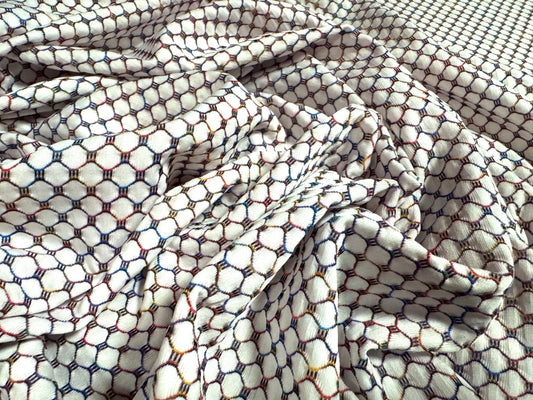 Stretch spandex double jersey fabric, per metre - rainbow hexagon jacquard - white