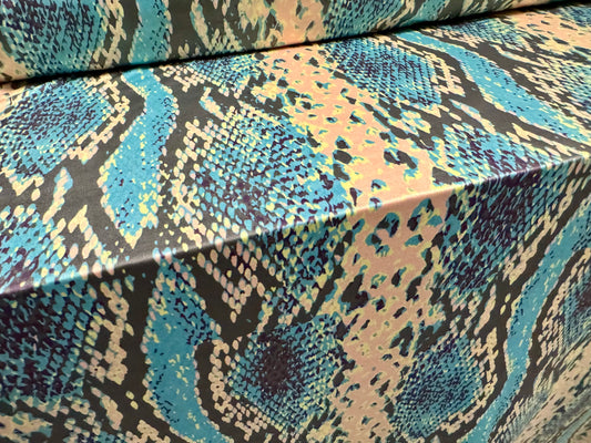 Soft touch stretch spandex jersey fabric, per metre - stylised snakeskin print - blue & cream