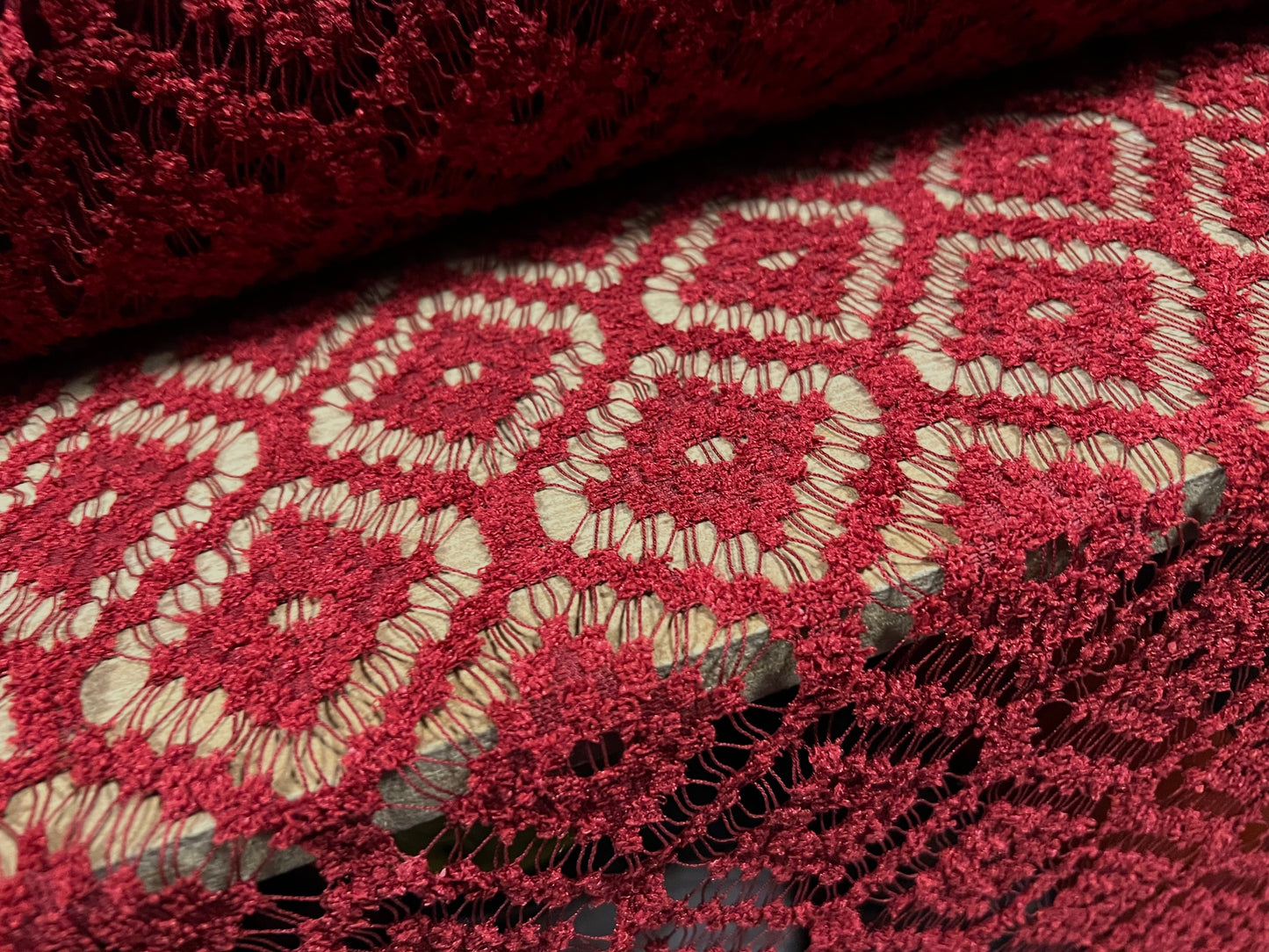 Flocked lace dress fabric, per metre - geometric diamond design - burgundy