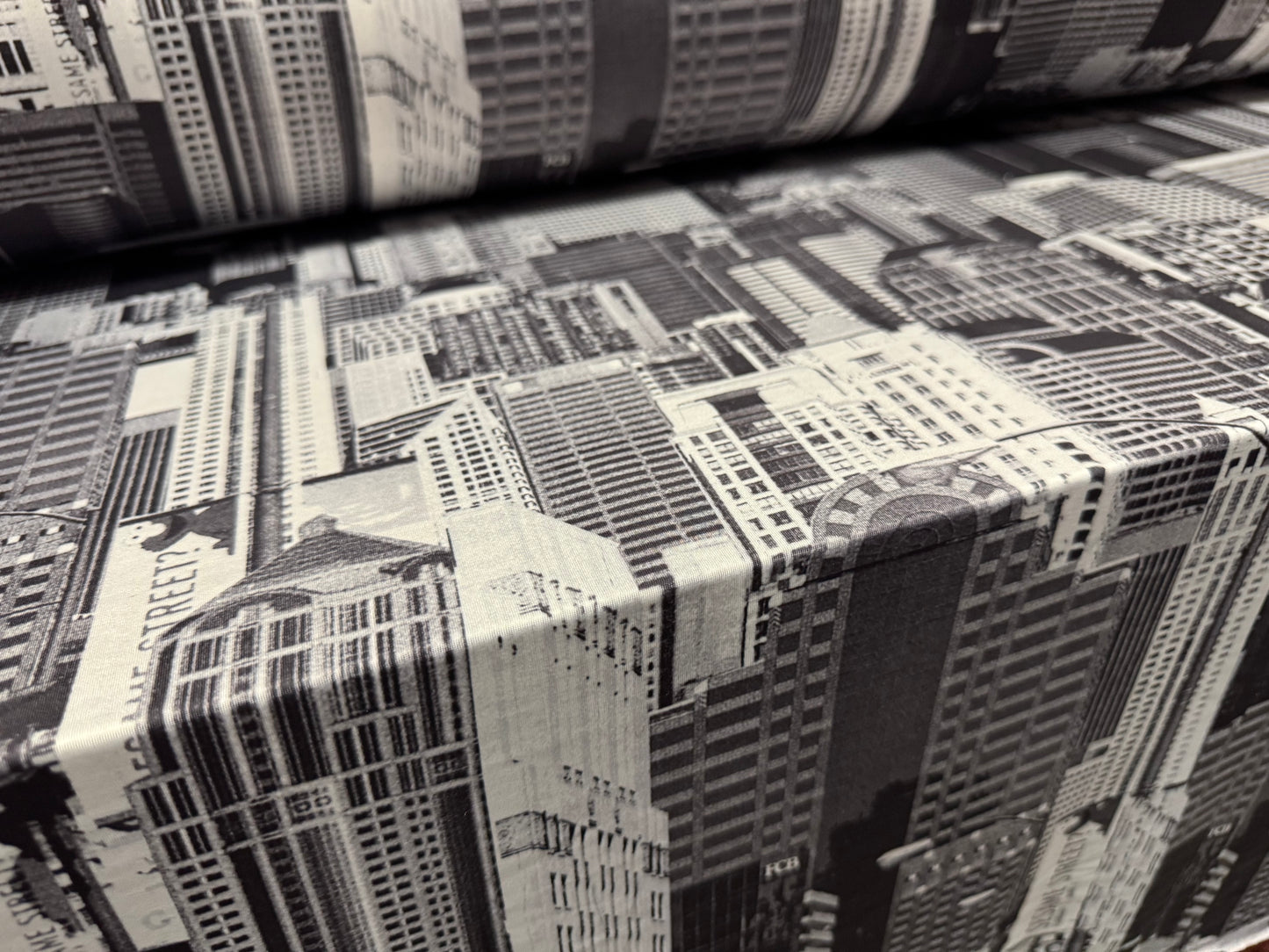 Soft touch stretch spandex single jersey fabric, per metre - Manhattan, New York print - grey