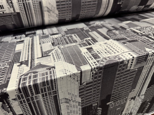 Soft touch stretch spandex single jersey fabric, per metre - Manhattan, New York print - grey